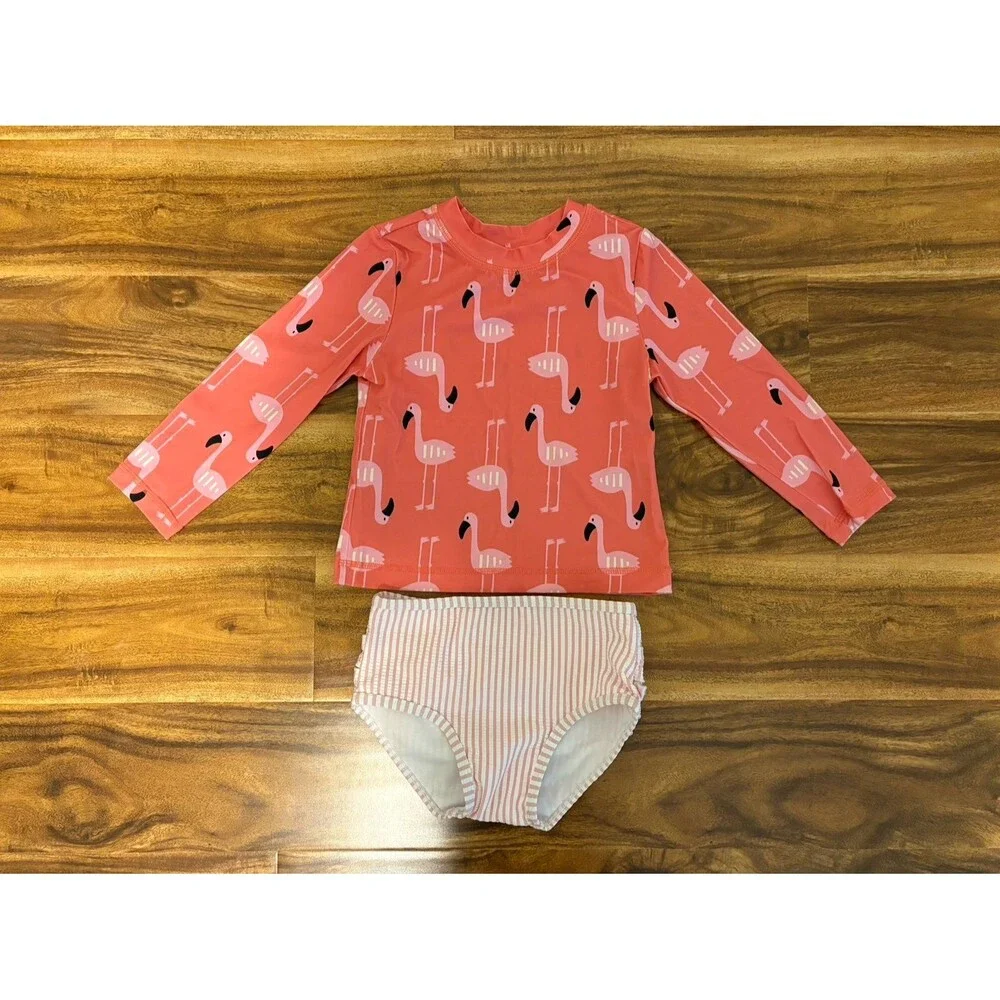 Hanna Andersson Flamingo Rashguard & RuffleButts Pink Seersucker Bottoms, Size 3